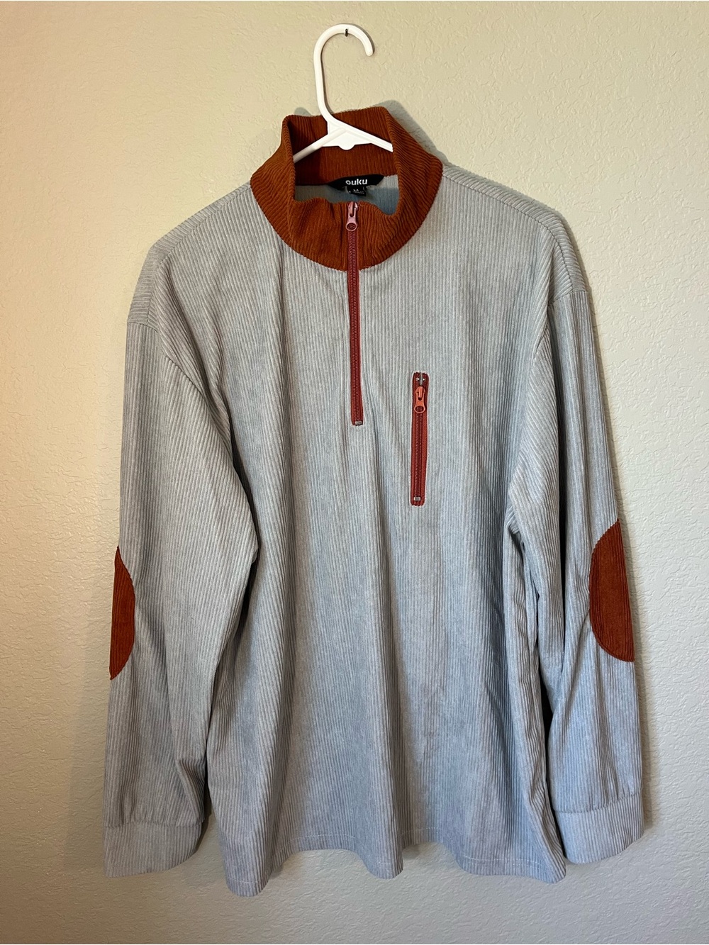 Ouku Men’s Corduroy Quarter Zip Pullover Medium Gray Rust Elbow Patch Cottagecor